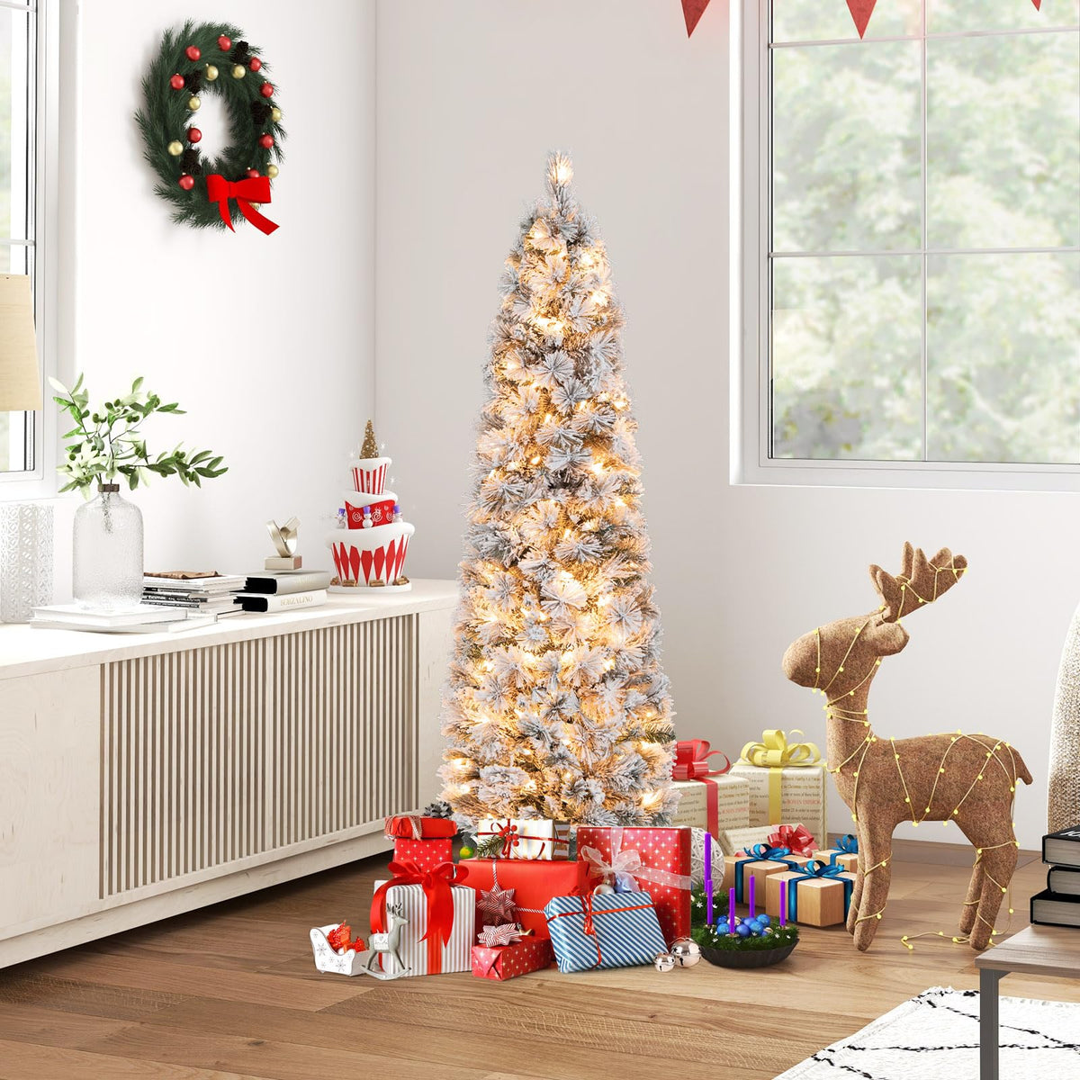 Lucktree Pre-Lit Snow Flocked Pencil Christmas Tree for Home Office Holiday Decor