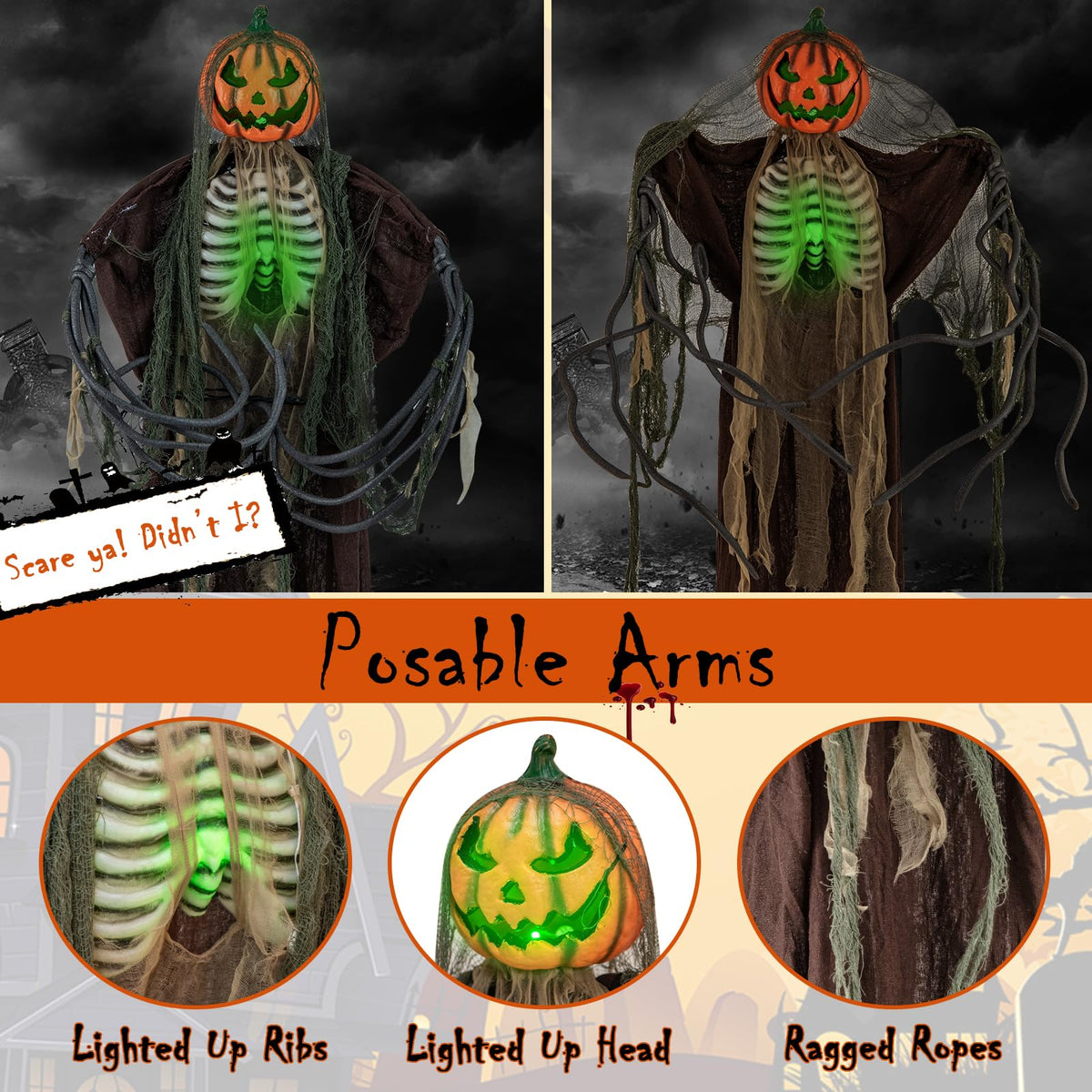 Lucktree 6 FT Halloween Light Up Talking Ghost Pumpkin with Glowing Ribs and Moving Head
