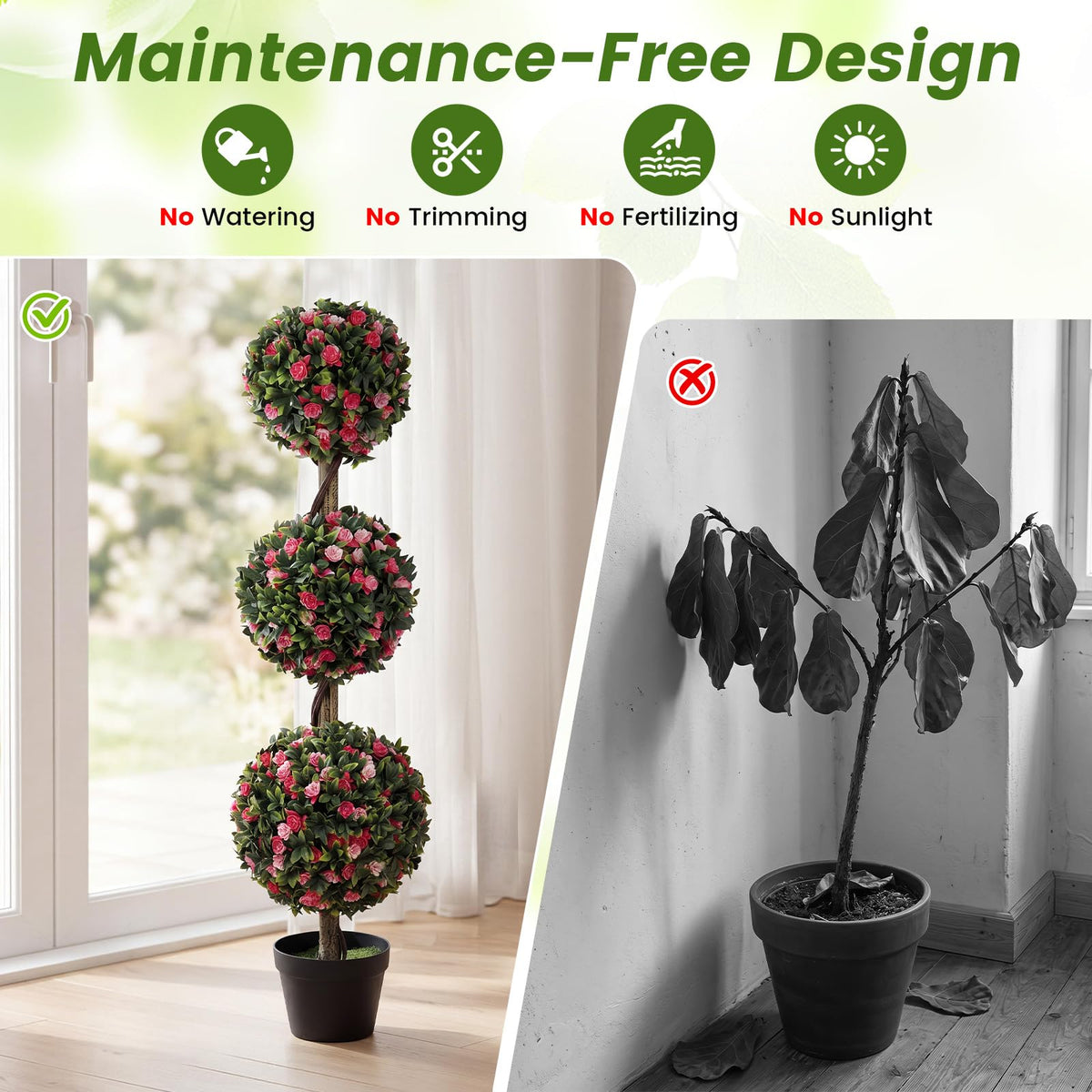 Lucktree 43.5" Faux Potted Floral Plant Artificial Triple Ball Rose Topiary Tree ( 1/2 pack )