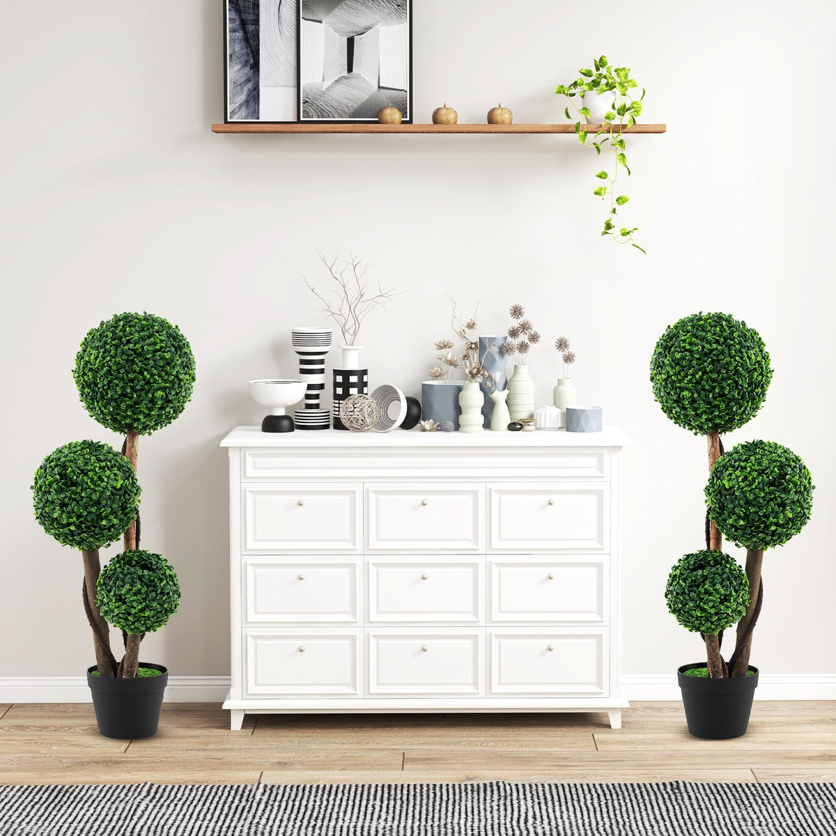 Lucktree 3ft Artificial Boxwood Topiary Ball Tree, Faux Potted Plants with Solid Wood Trunks