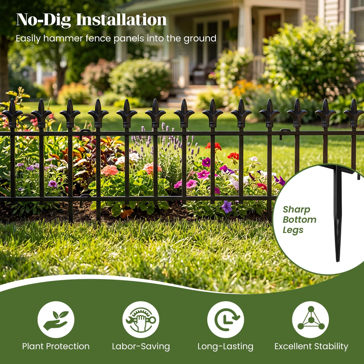 Lucktree No Dig Decorative Metal Garden Fence with Fleur-de-Lis Finials