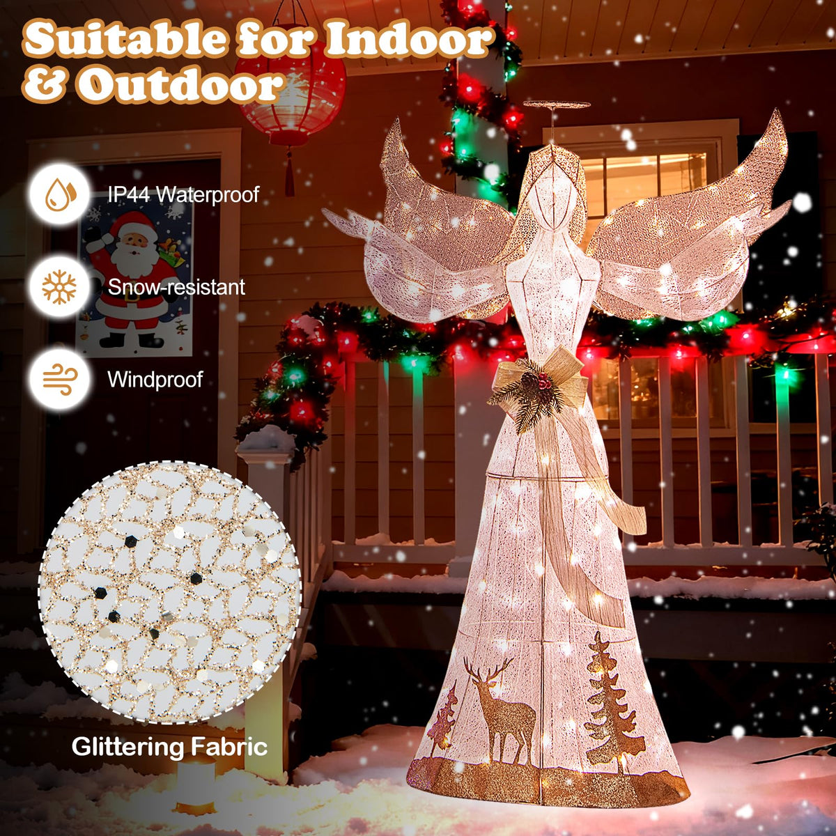 Lucktree Pre-lit 3D Glittered Angel with 100 Warm White Lights Halo Bow Ground Stakes