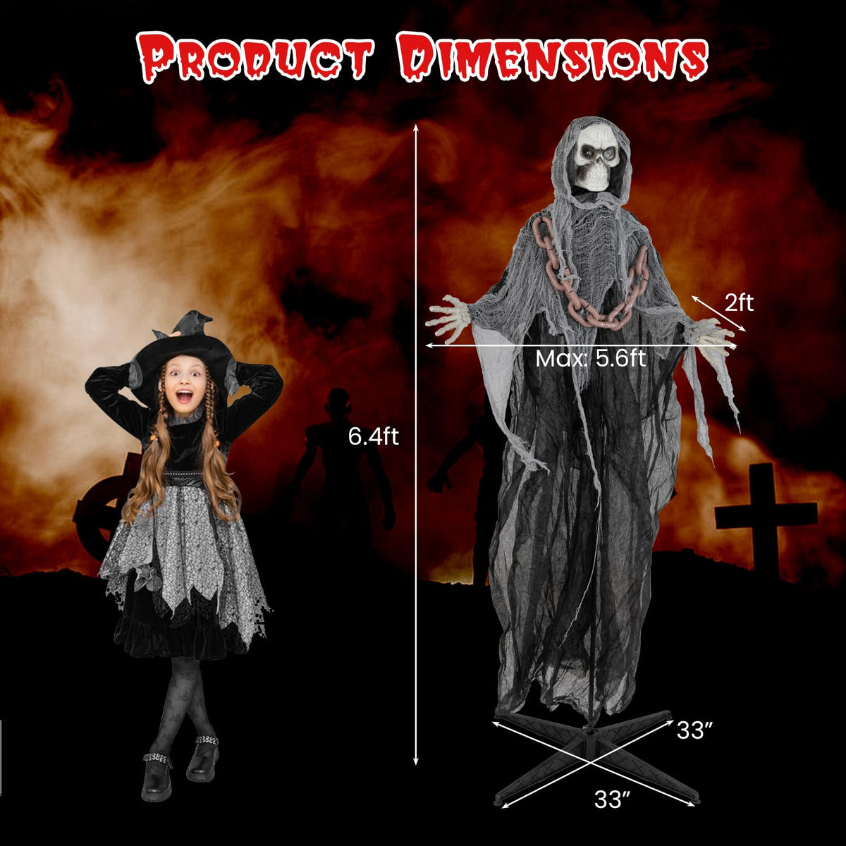 Lucktree 6.4 FT Halloween Animatronic Standing Grim Reaper, Halloween Decoration with Chain