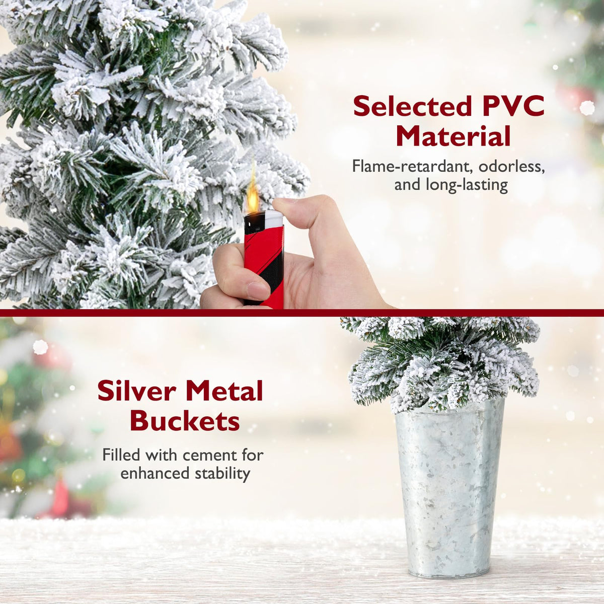Lucktree 3' 4' 5' Pre-Lit Snow Flocked Christmas Tree Set of 3, Slim Pencil Artificial Potted Xmas Trees with 423 Branch Tips