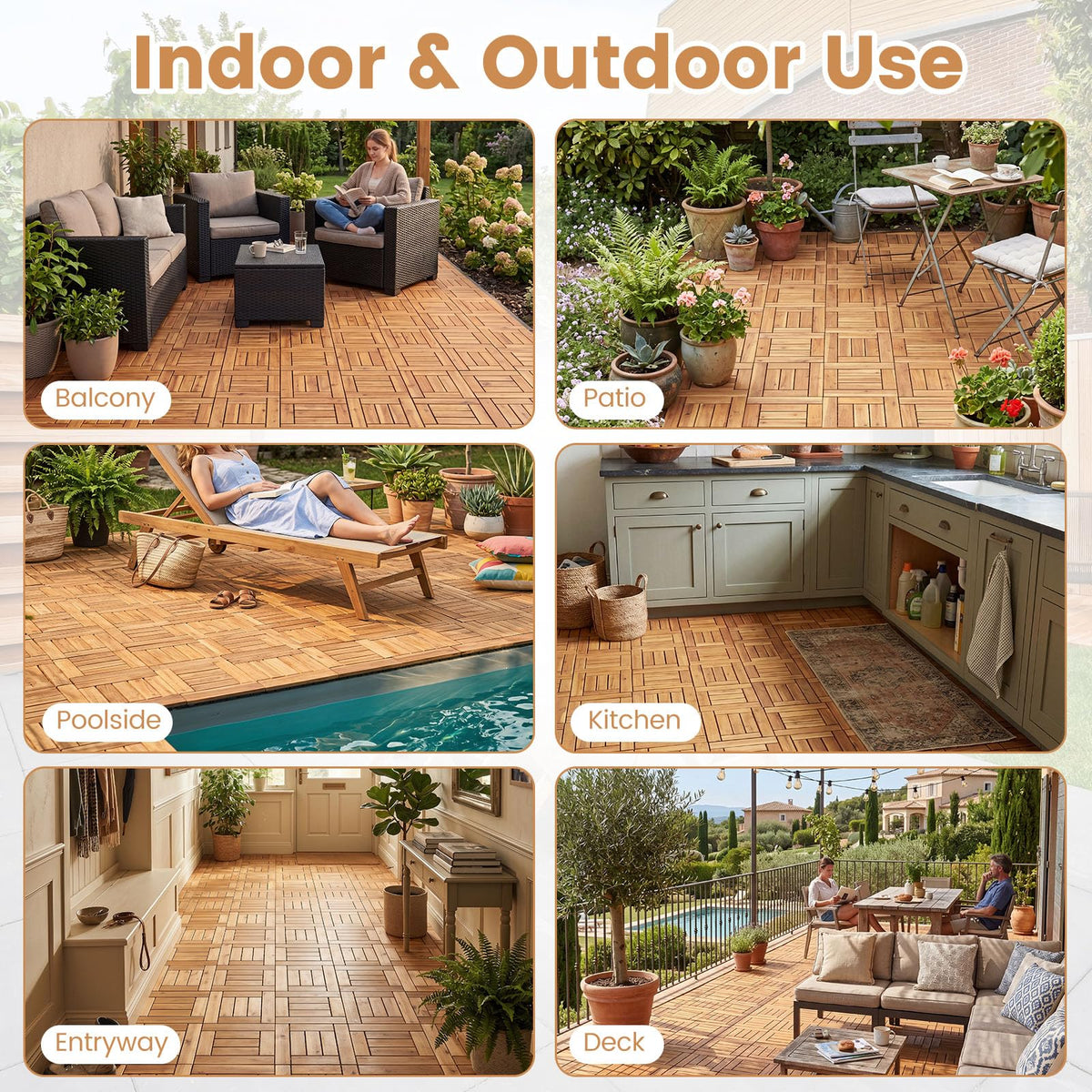 Lucktree 12" x 12" Acacia Wood Interlocking Patio Flooring Tiles with Drainage Base