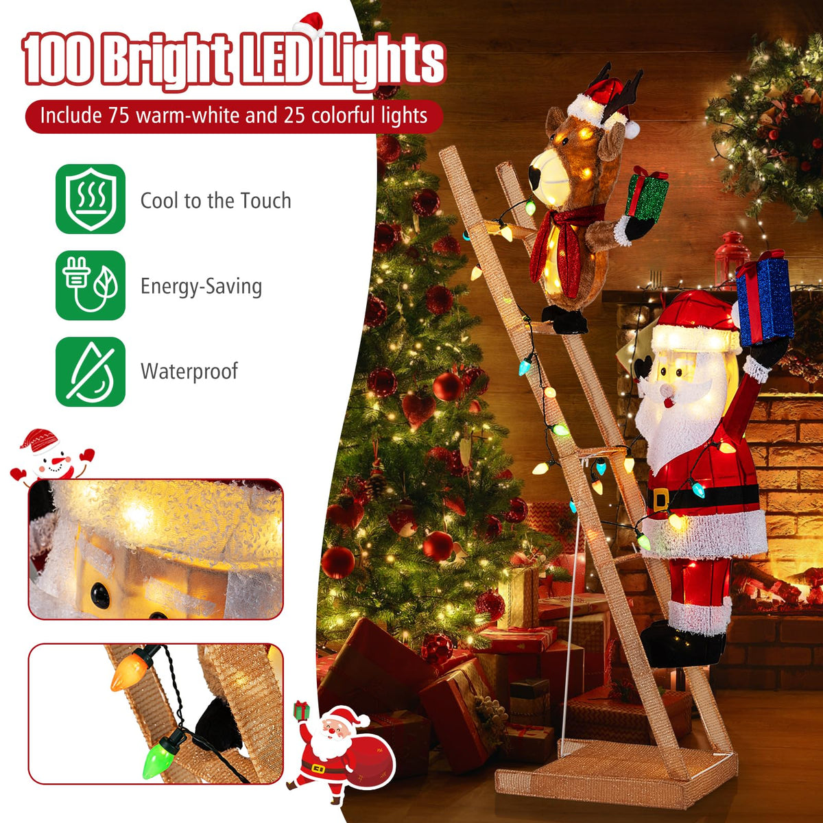 Lucktree 5.5 FT Lighted Reindeer & Santa Claus on Ladder
