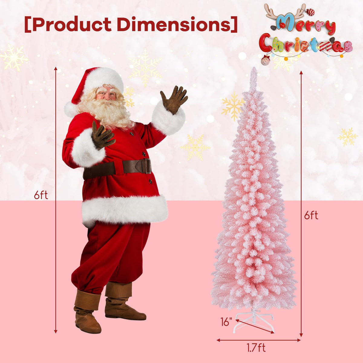 Lucktree 6ft Pink Slim Pencil Christmas Tree, Artificial Unlit Skinny Xmas Full Tree with 460 Branch Tips