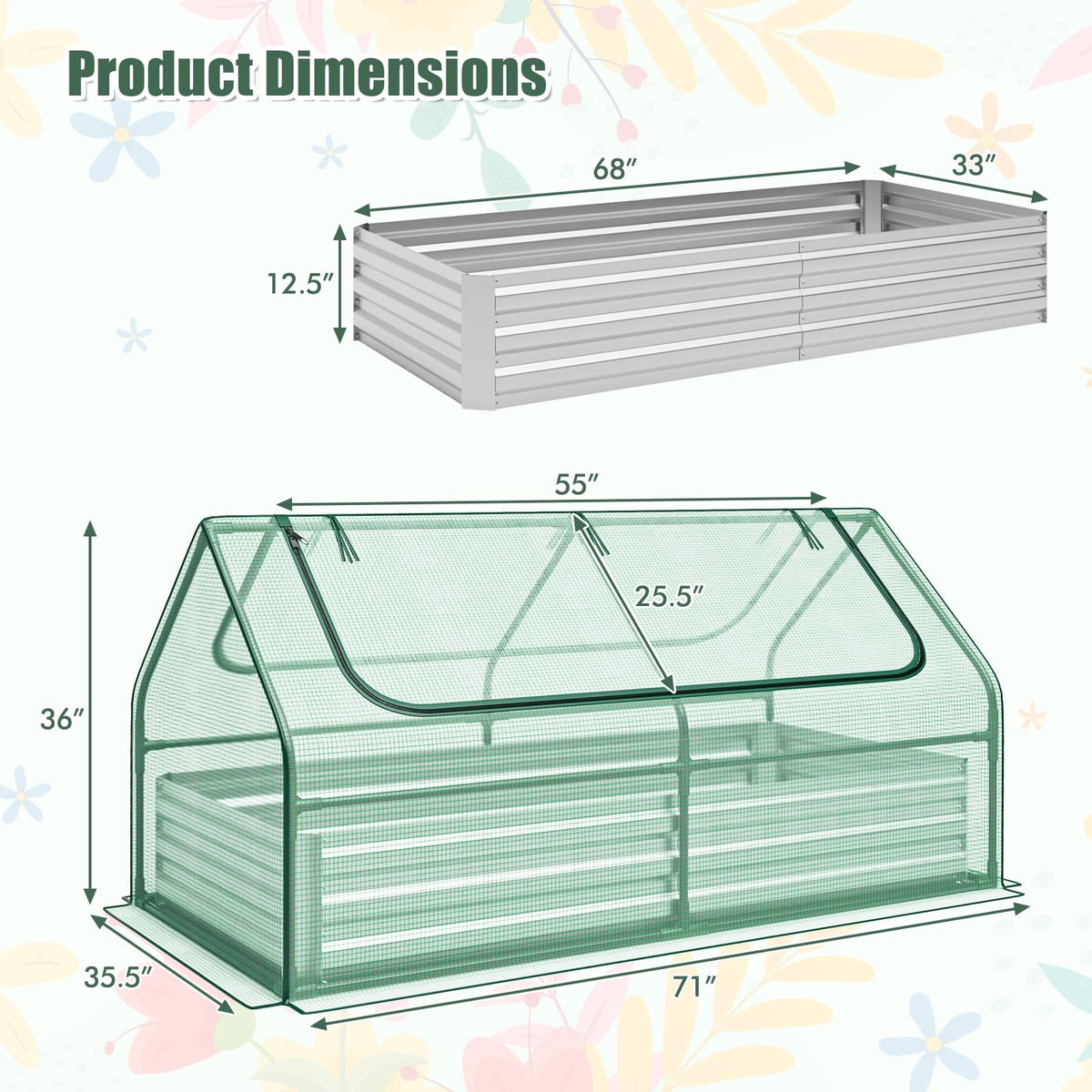 Lucktree Galvanized Steel Raised Garden Bed with Mini Greenhouse, Outdoor Metal Planter Box Kit with Large Roll-up Cover
