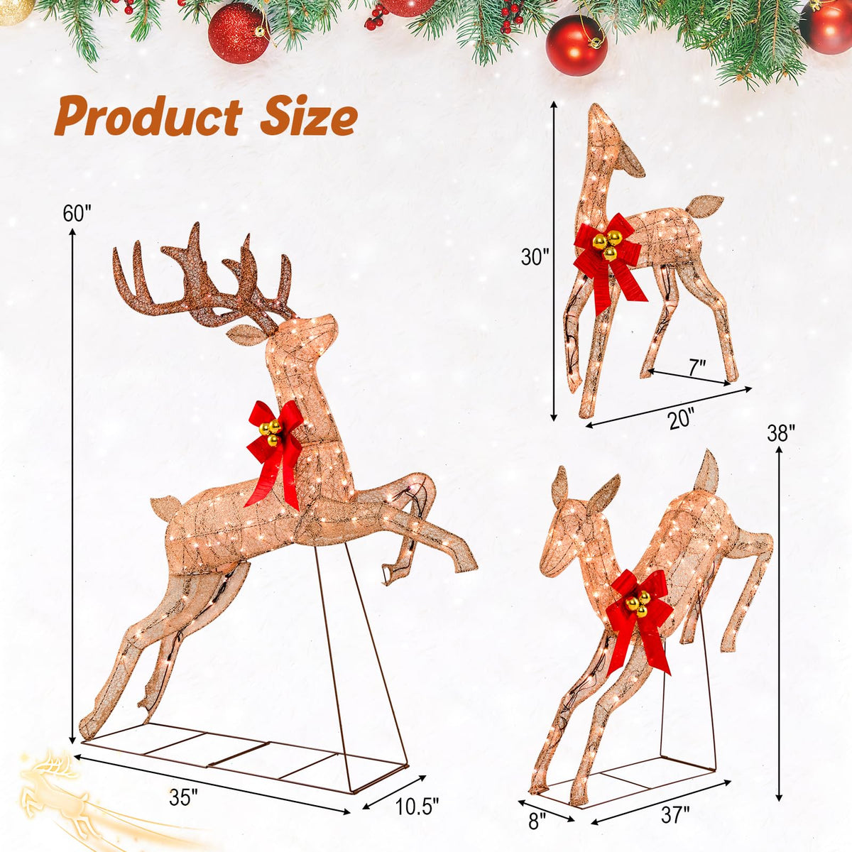 Lucktree 3 Pieces Light up Christmas Reindeers Pre-lit Glittering Reindeer Family Set