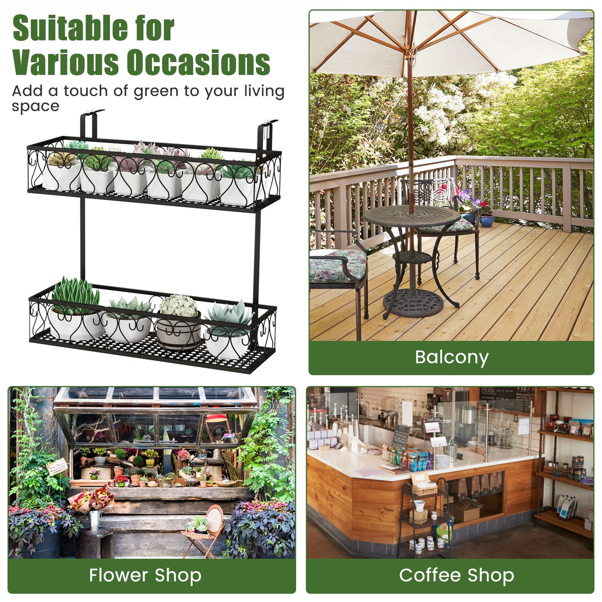 Lucktree Balcoy Flower Pot Stand Rack w/ Adjustable Hooks & 2 Planter Baskets