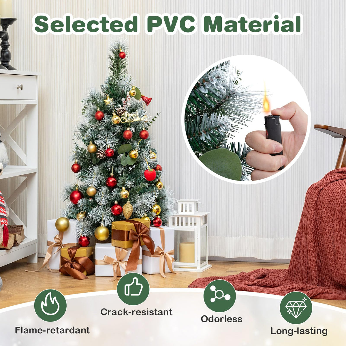 Lucktree 3ft Pre-Lit Mini Tabletop Christmas Tree with 30 Warm White LED Lights, Timer, 98 Flocked PVC & Pine Needles