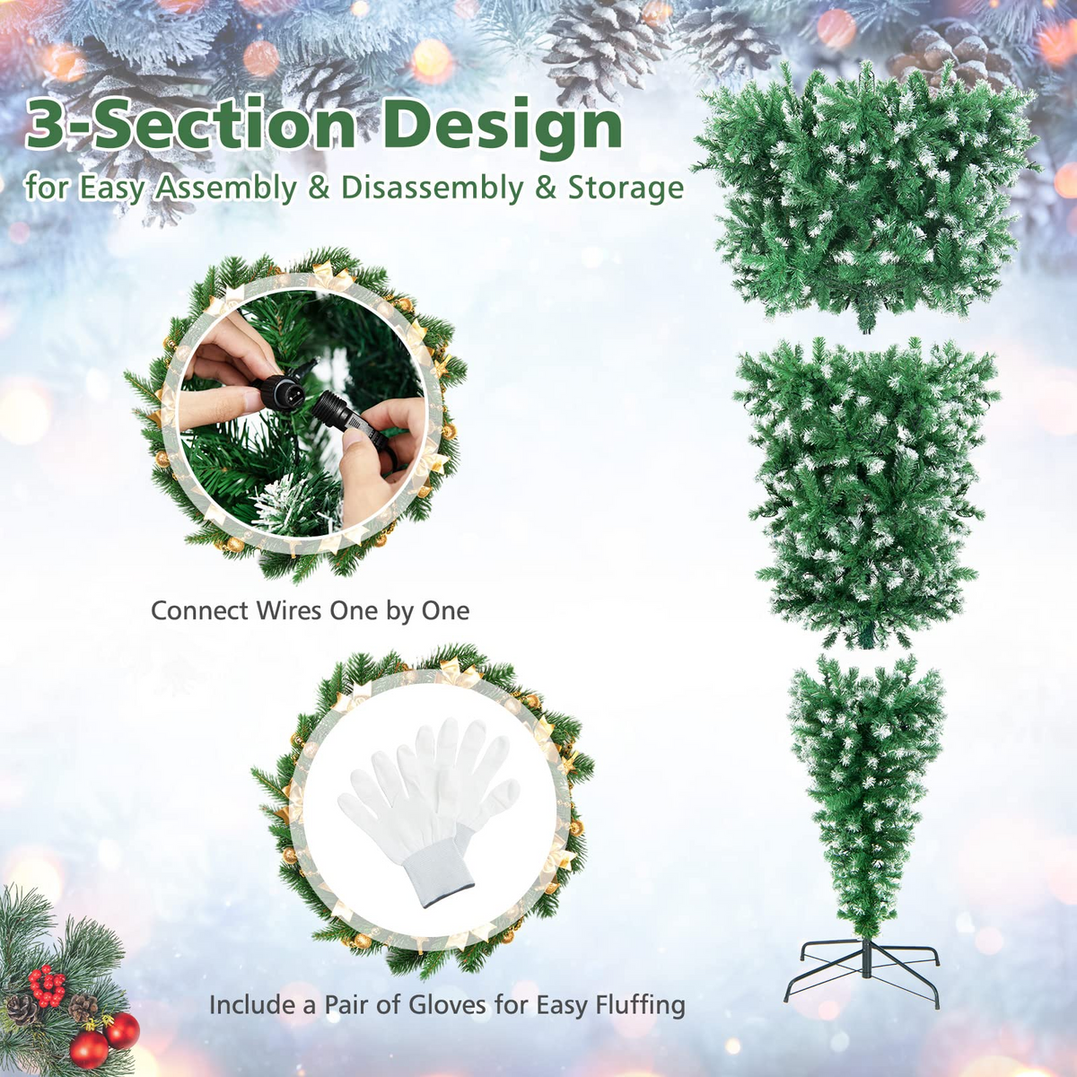 Lucktree 7.5ft Pre-lit Upside Down Christmas Tree, Hinged Inverted Artificial Xmas Tree W/ 1100 Snowy Branch Tips - LucktreeUS