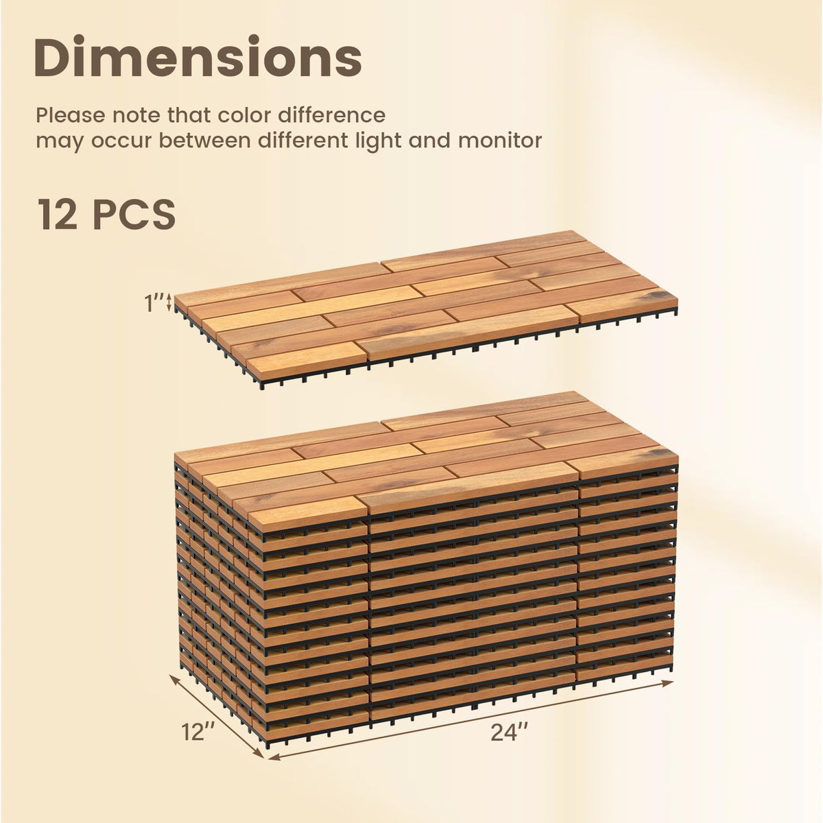 Lucktree 24" x 12" Acacia Wood Deck Tiles with Drainage Base