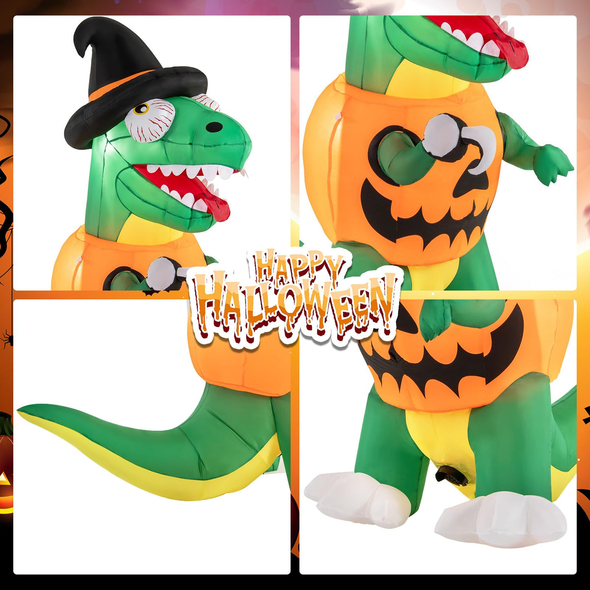 Lucktree 6 FT Inflatable Pumpkin Dinosaur, Blow up Yard Decoration with Built-in LED Lights & Witch Hat