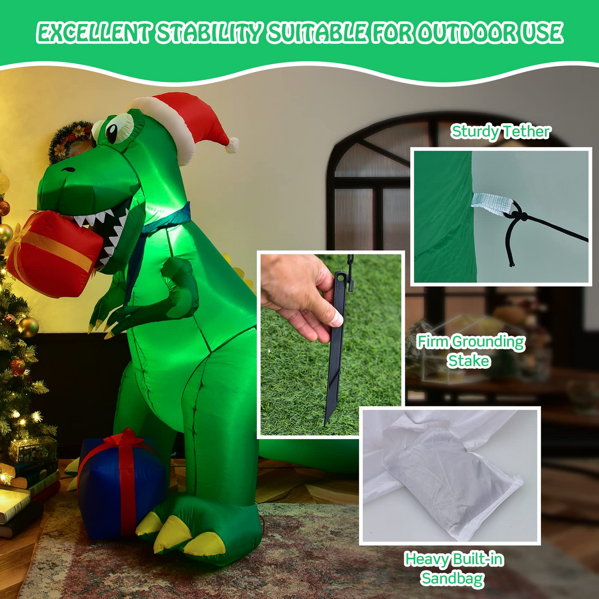 Lucktree 6 FT Christmas Inflatable Dinosaur, Indoor & Outdoor Christmas Decoration