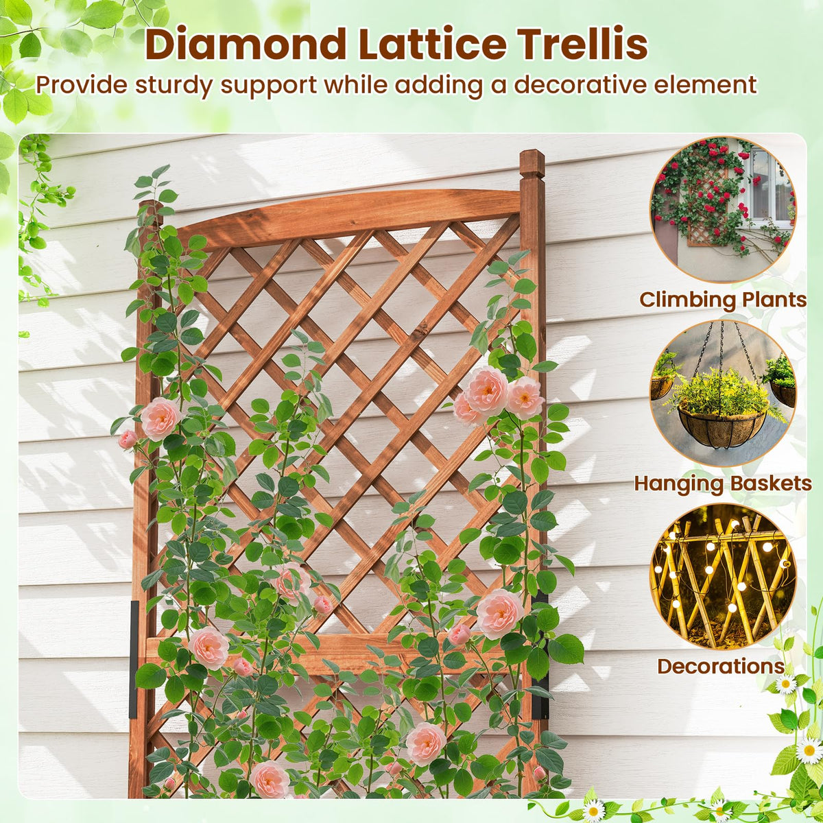 Lucktree 60” Wooden Planter Container with Drainage Holes Trellis