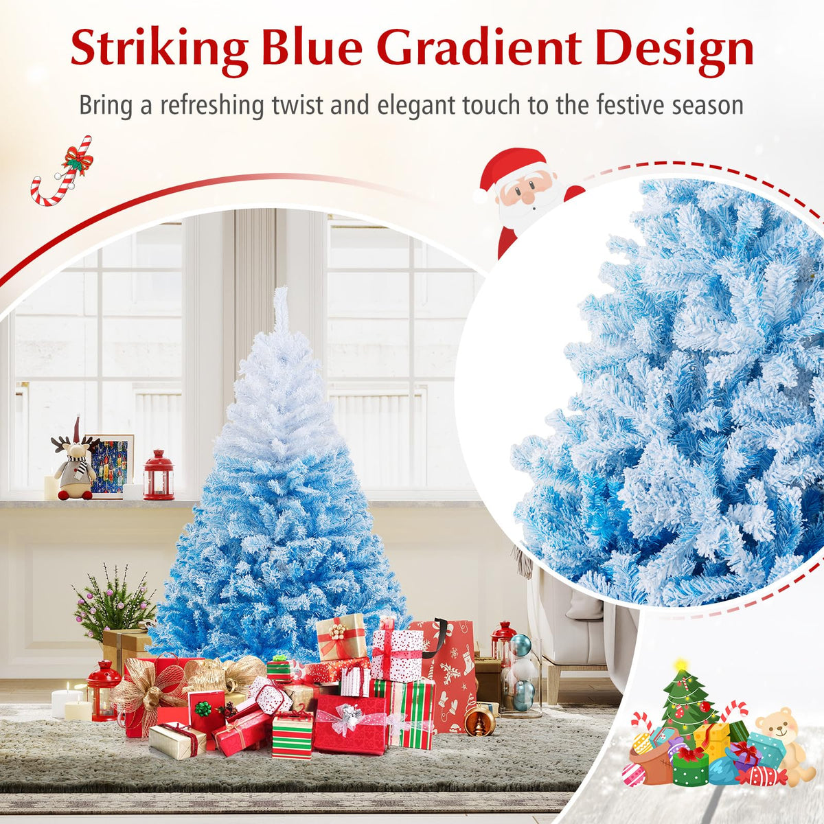 Lucktree Snow Flocked Christmas Tree with Lush Branch Tips & Foldable Metal Stan ( Blue Gradient & White )