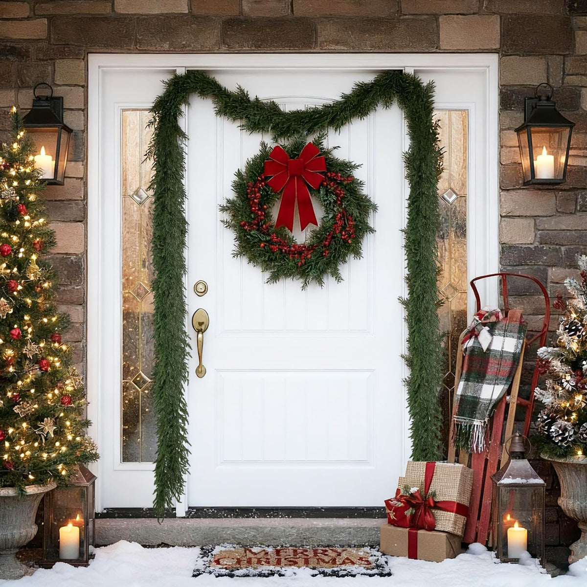 9 FT Pre-lit Artificial Cypress Christmas Garland with 50 Warm White LED Lights and 130 Branch Tips