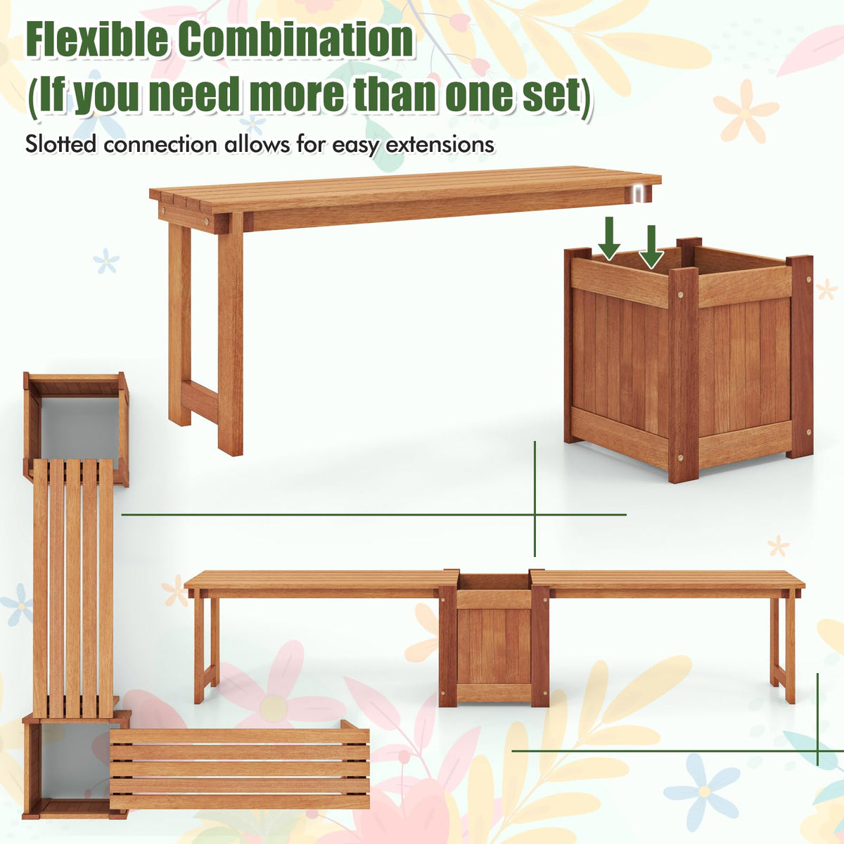 Lucktree Outdoor Bench with Raised Garden Bed, Wood Seat with Teak Oil Finish, Planter Box with Open-Ended Base