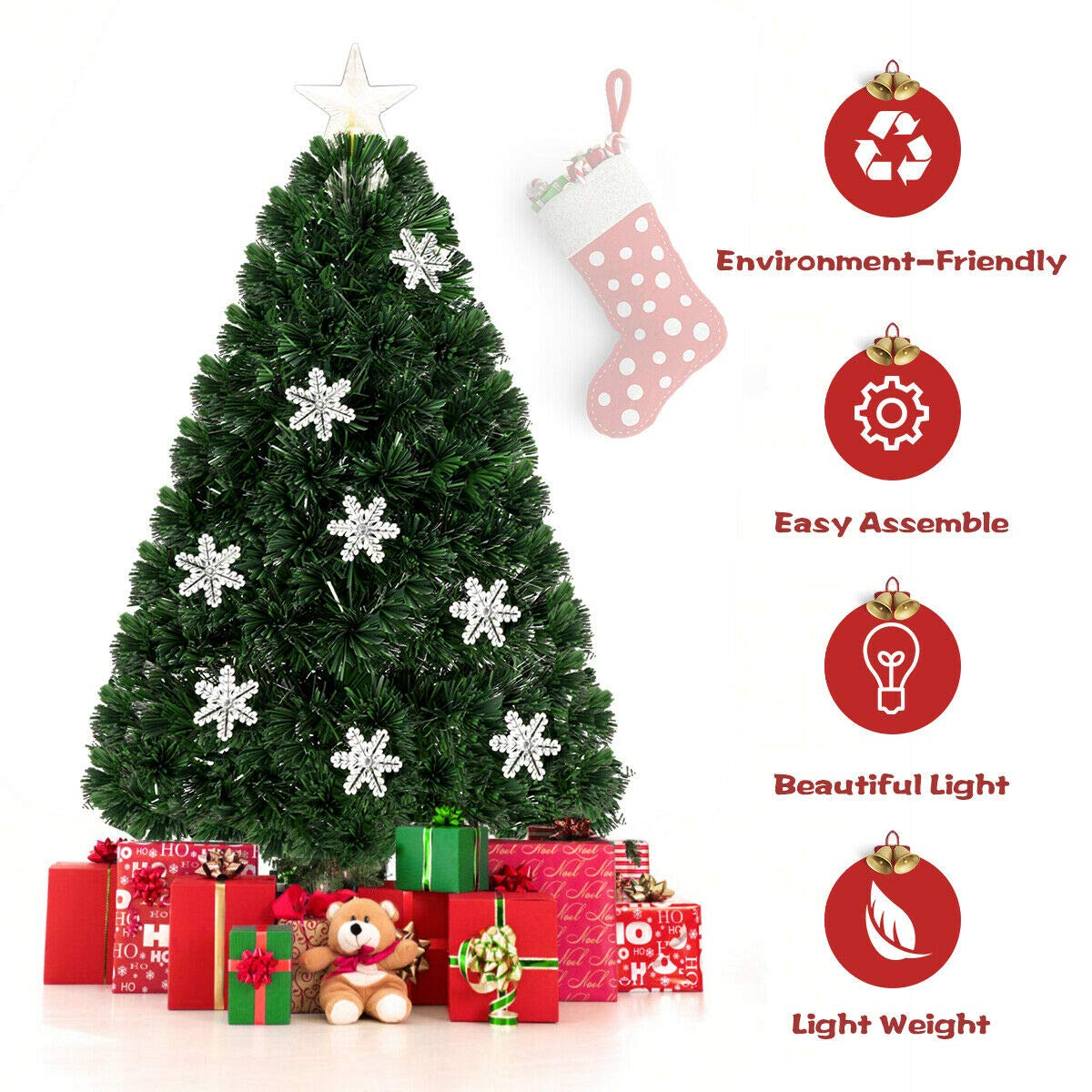 Artificial Pre-Lit Christmas Tree Fiber Optic Tree with Metal Stand, Xmas Tree for Holiday Decor - LucktreeUS