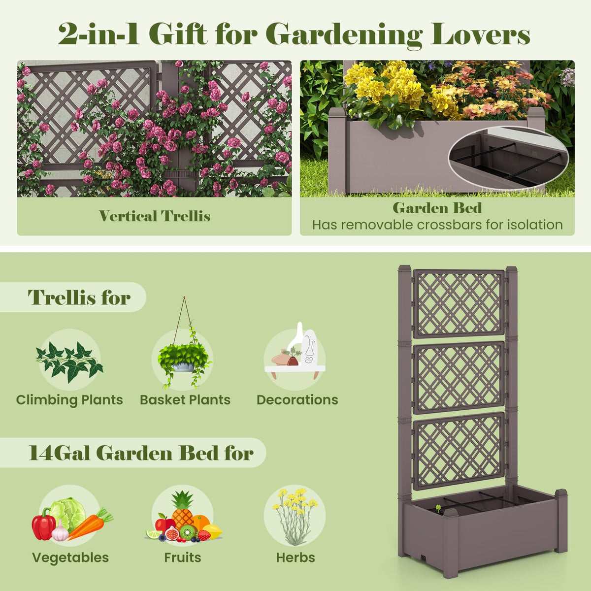Lucktree Raised Garden Bed with Trellis 59”, Self-Watering Planter Box with Water Level Indicator & Removable Space Dividers