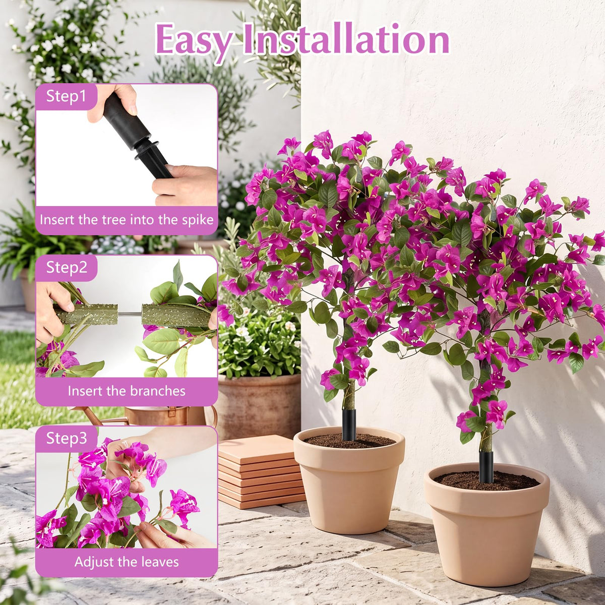 Lucktree 2 Pack Artificial Bougainvillea Trees | 43.5" Sun-Protective Fake Silk Floral Plants