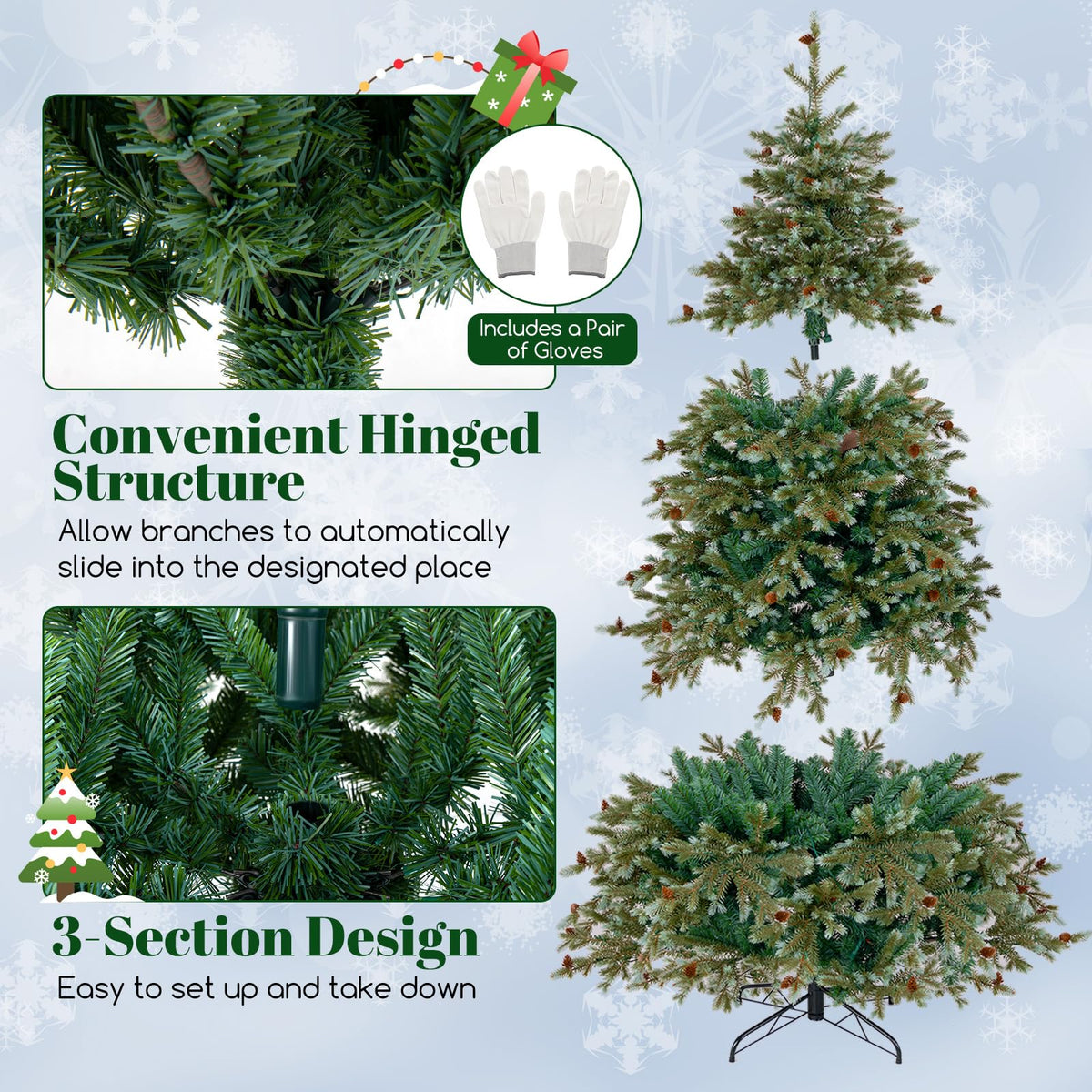 Lucktree 7ft Pre-Lit Artificial Christmas Tree, Hinged Full Xmas Pine Tree with 340 Warm White LED Lights