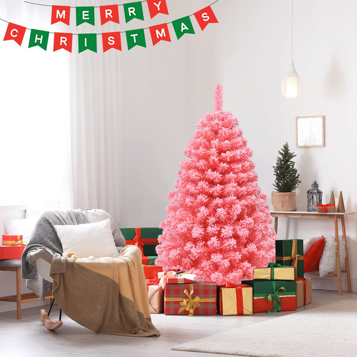 Lucktree 4.5ft Pink Artificial Christmas Tree, Unlit Hinged Snow Flocked Xmas Tree w/ 348 PVC Branch Tips & Metal Stand - LucktreeUS