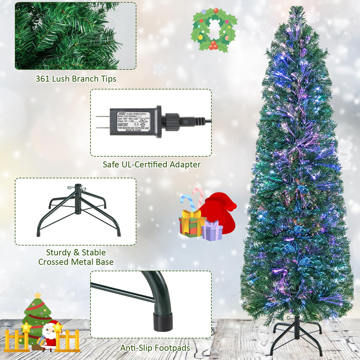 Lucktree 5ft Fiber Optic Pencil Christmas Tree Xmas Full Tree for Home Office Holiday Decor
