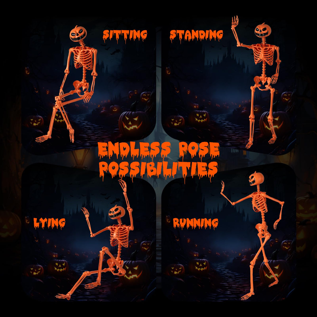 Lucktree 5.2 Ft Life-Size Posable Skeleton with Pumpkin Head Halloween Orange Skeleton Decoration