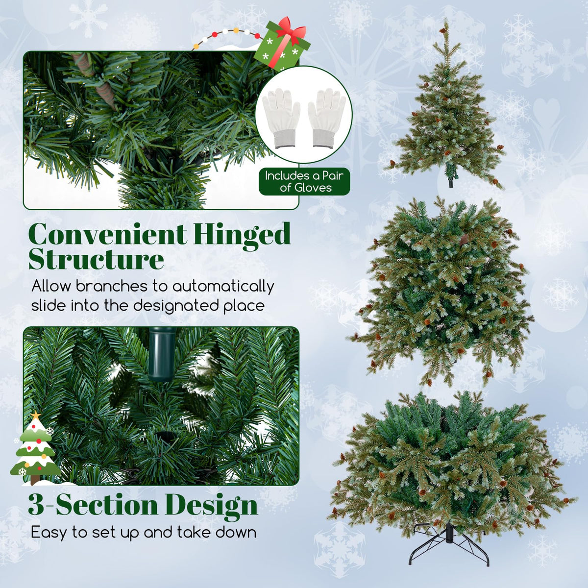 Lucktree 6ft Pre-Lit Artificial Christmas Tree, Hinged Full Xmas Pine Tree with 240 Warm White LED Lights