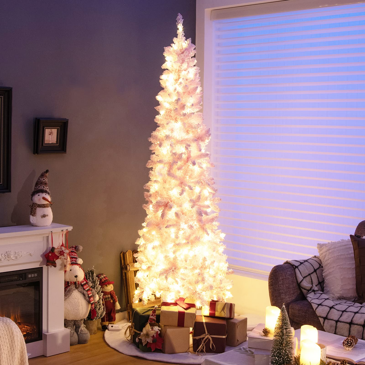 Lucktree 7ft Pre-Lit Pencil Christmas Tree, Snow Flocked Artificial Slim Tree with 800 Branch Tips - LucktreeUS