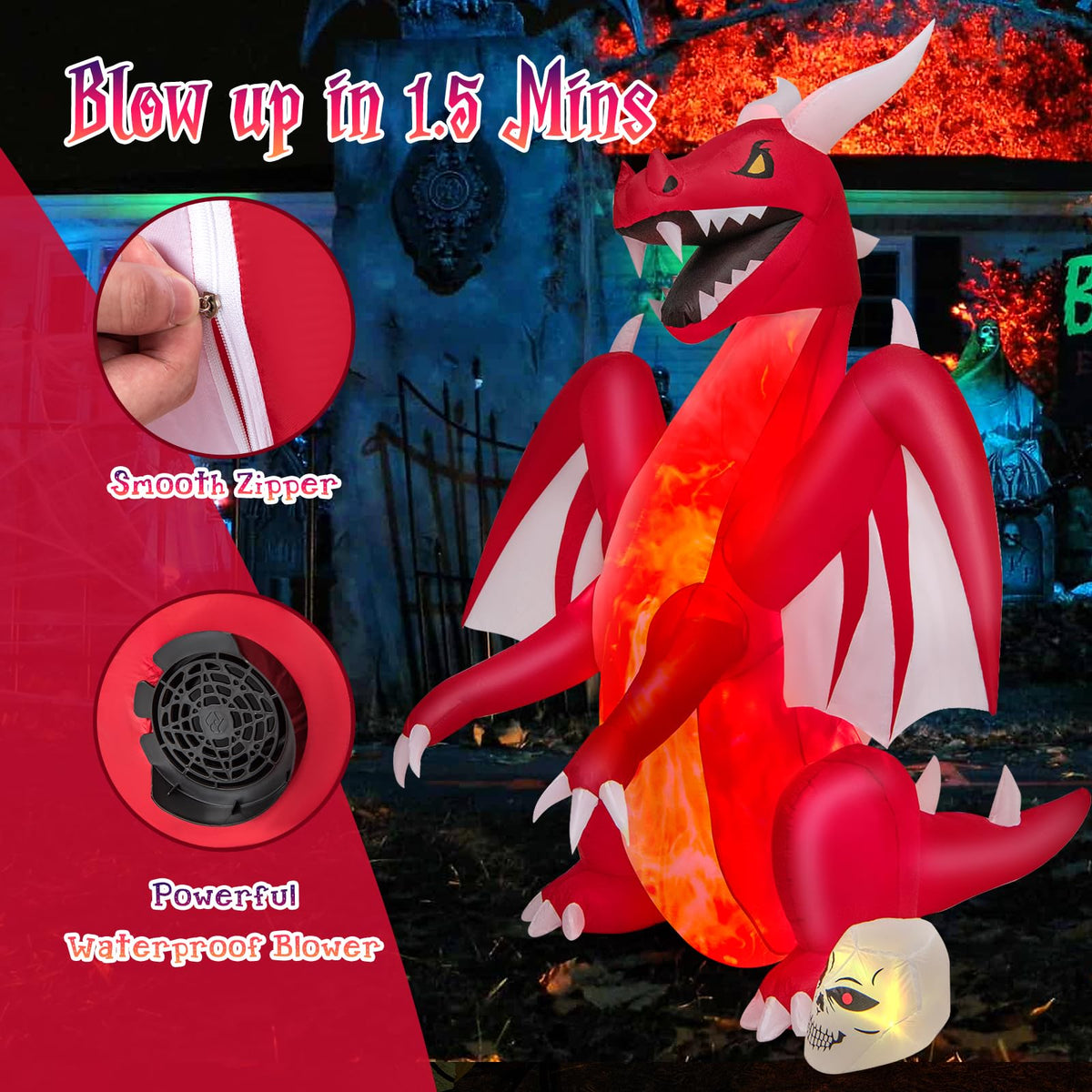 Lucktree 8 FT Halloween Inflatable Fire Dragon, Blow-up Red Dragon