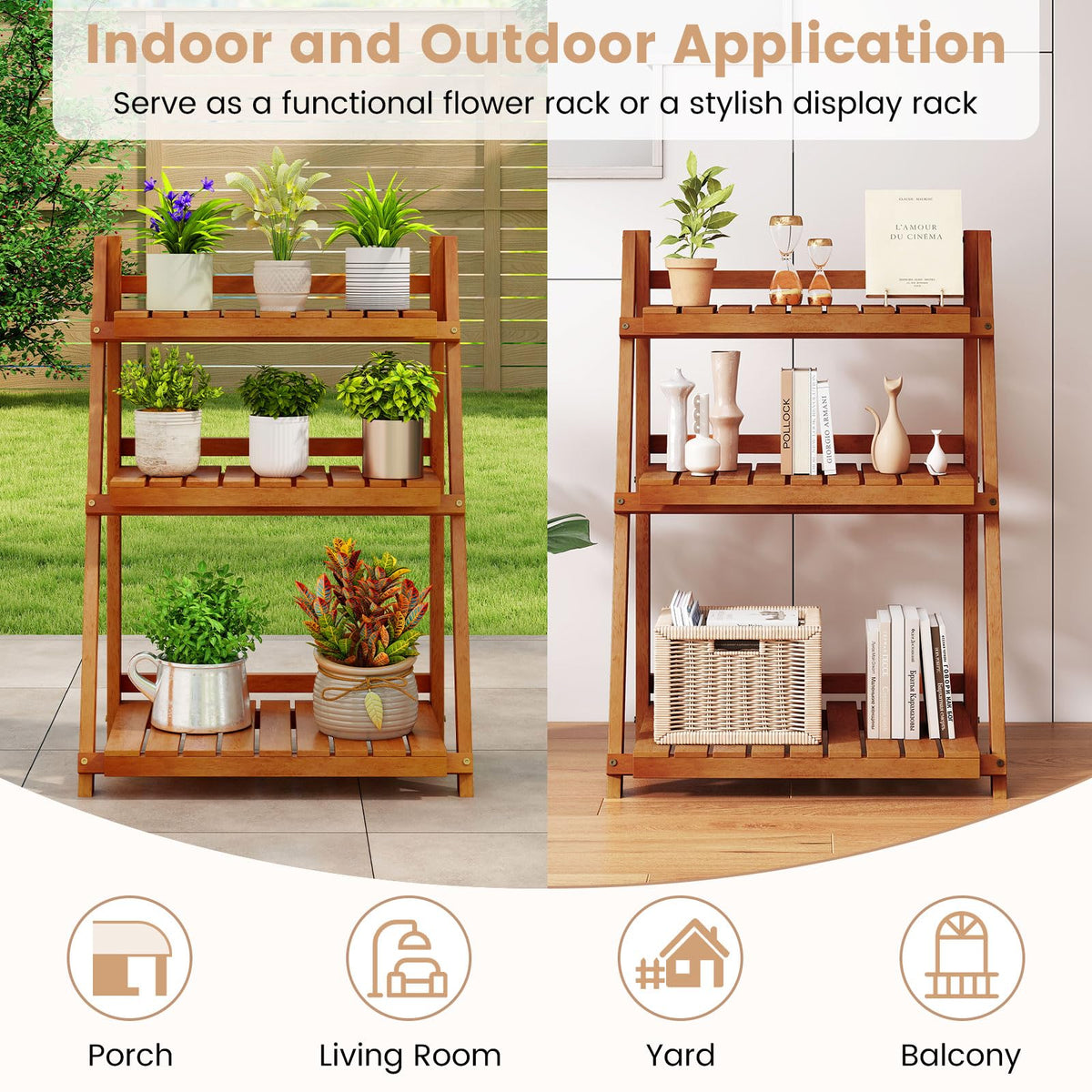 Lucktree Foldable Ladder Plant Shelf 3-Tier Solid Wood Indoor Outdoor Flower Pot Display Rack