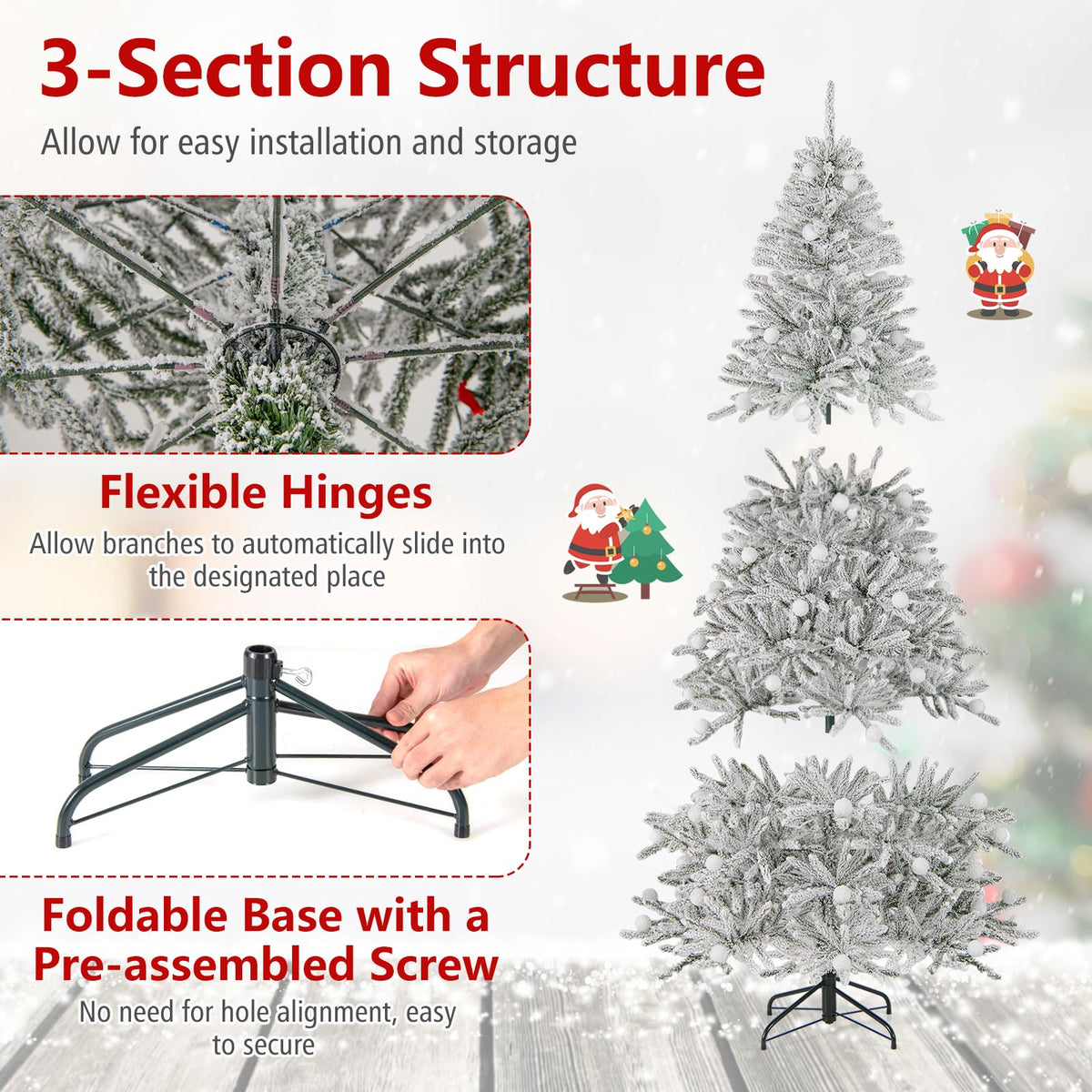 Lucktree Pre-Lit Snow Flocked Christmas Tree with Warm White LED Lights & Globe Lights