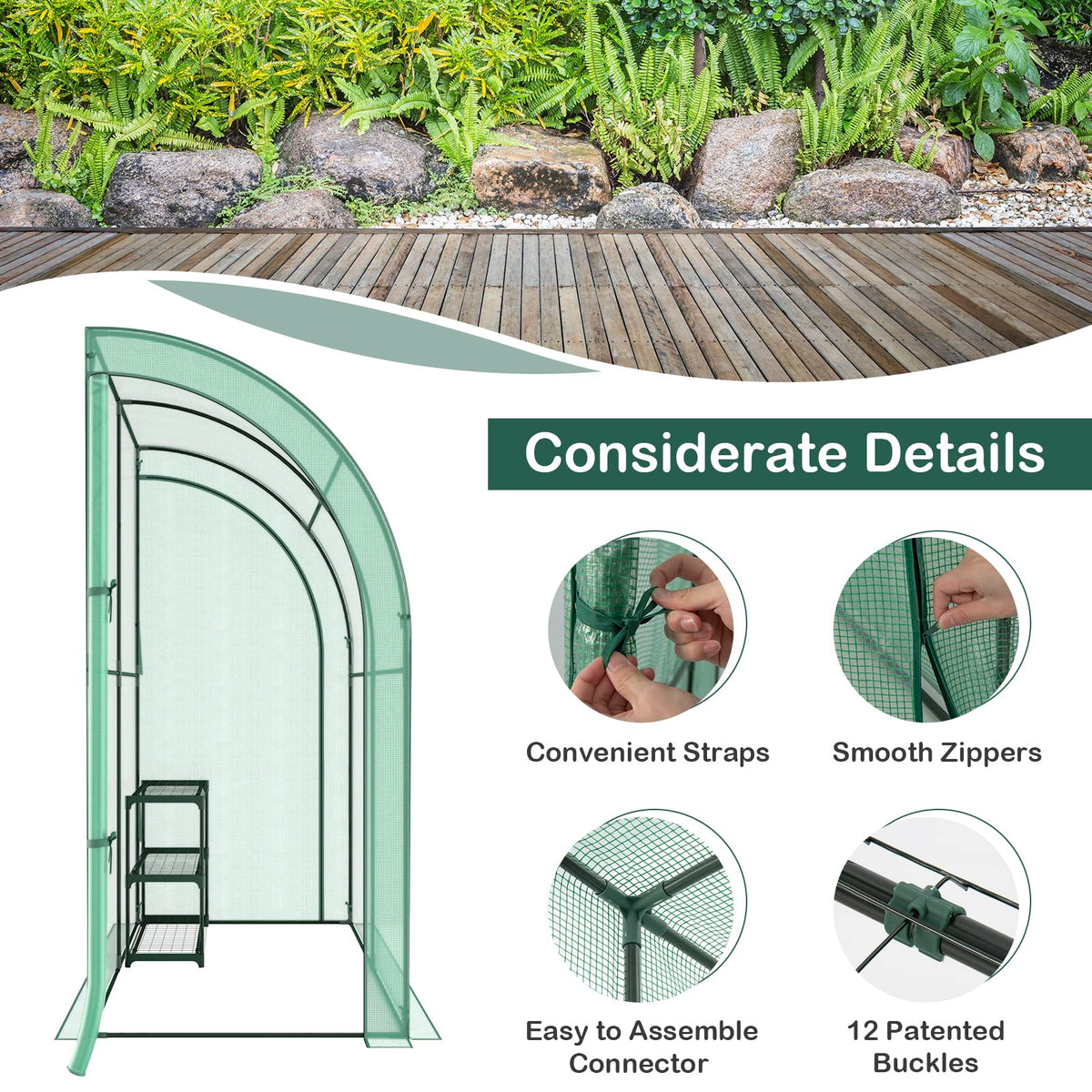 Lucktree Walk-in Lean-to Greenhouse - with 3-Tier Plant Stand, 7’x 3.5’x 7’ Green House, PE Grid Cover