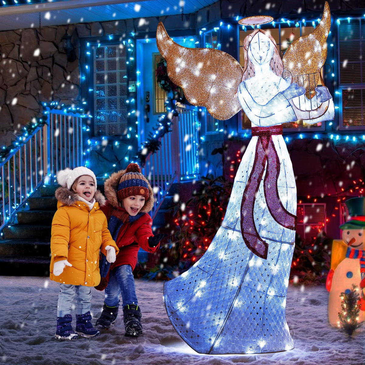 Lucktree 5 FT Christmas Lighted Angel, Pre-Lit Winged Holiday Figure Angel with 120 Cold White LED Lights