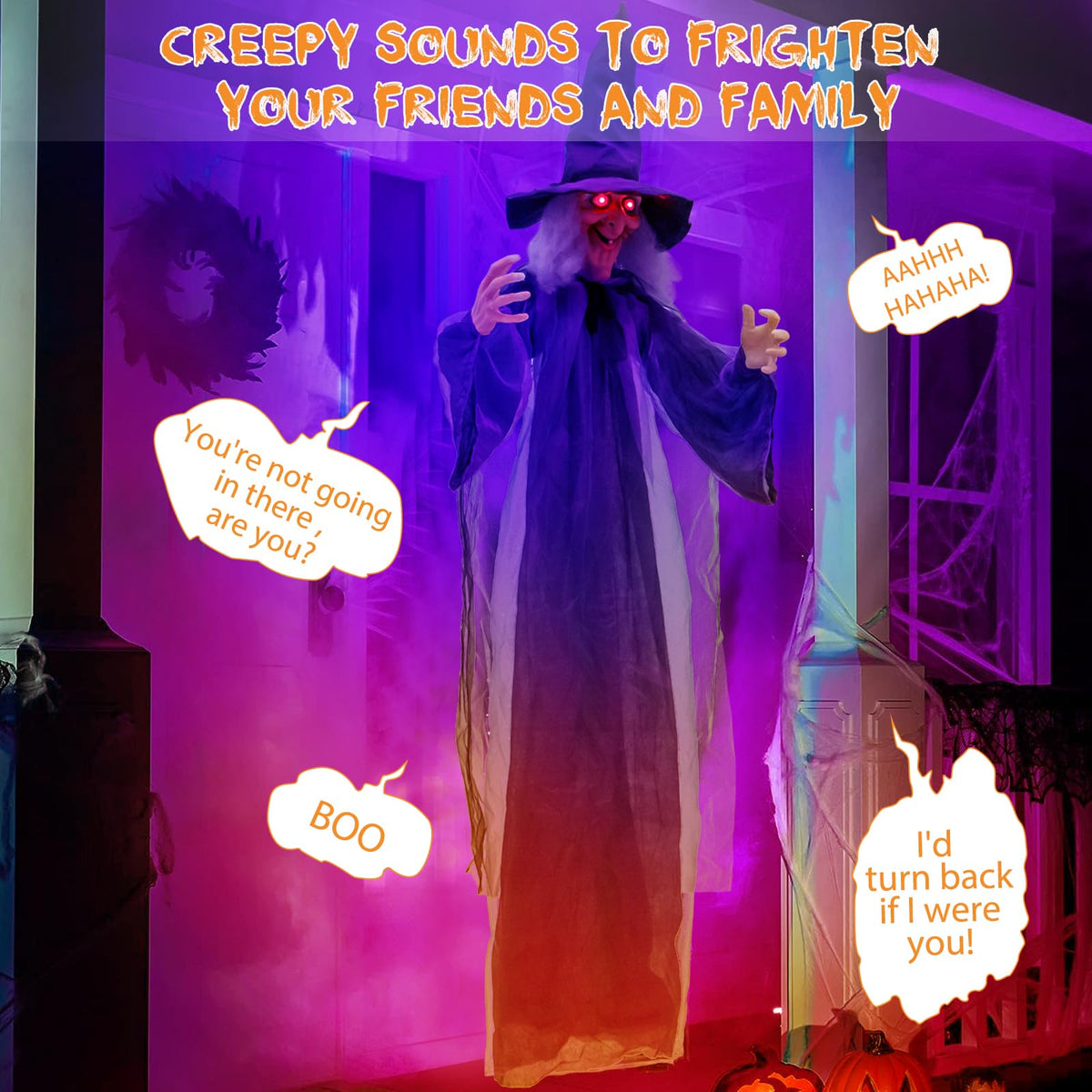 Lucktree 6FT Halloween Animatronic Witch, Hanging Halloween Decoration with Pre-Recorded Phrases