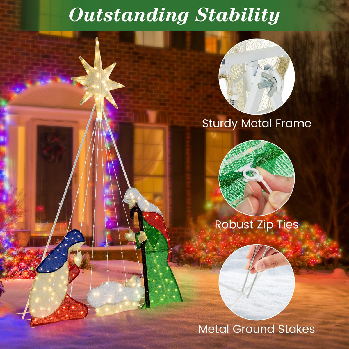 Lucktree 6 FT Lighted Nativity Scene, Holy Family Set Christmas Decoration with 240 LED Lights