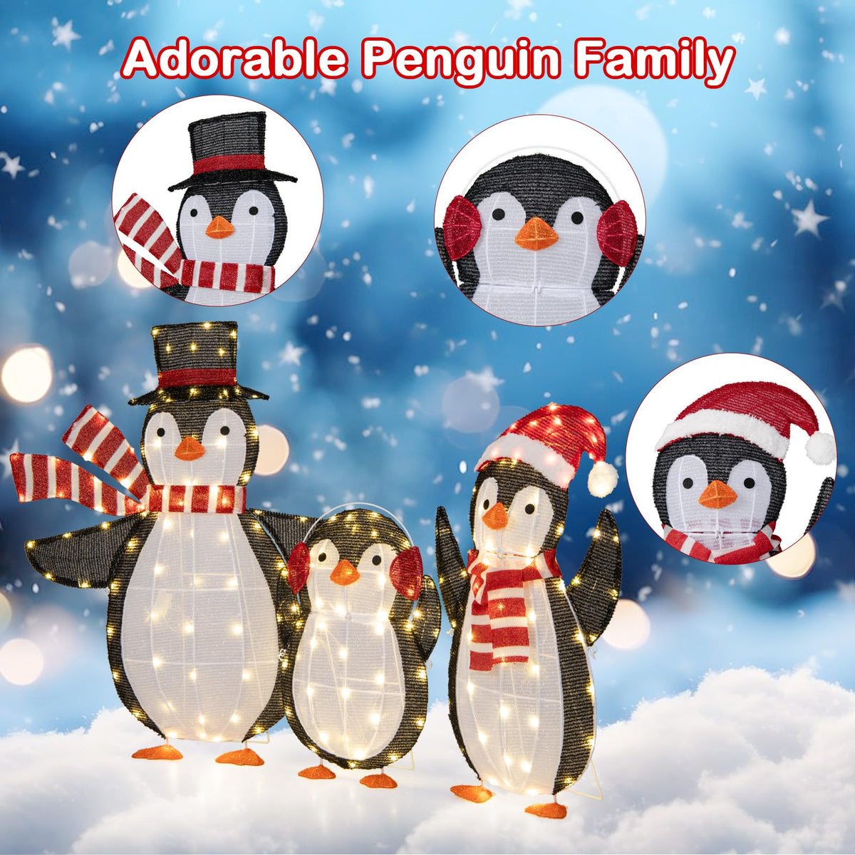 Lucktree Set of 3 Lighted Christmas Penguins with LED Lights Outdoor Glowing Holiday Display