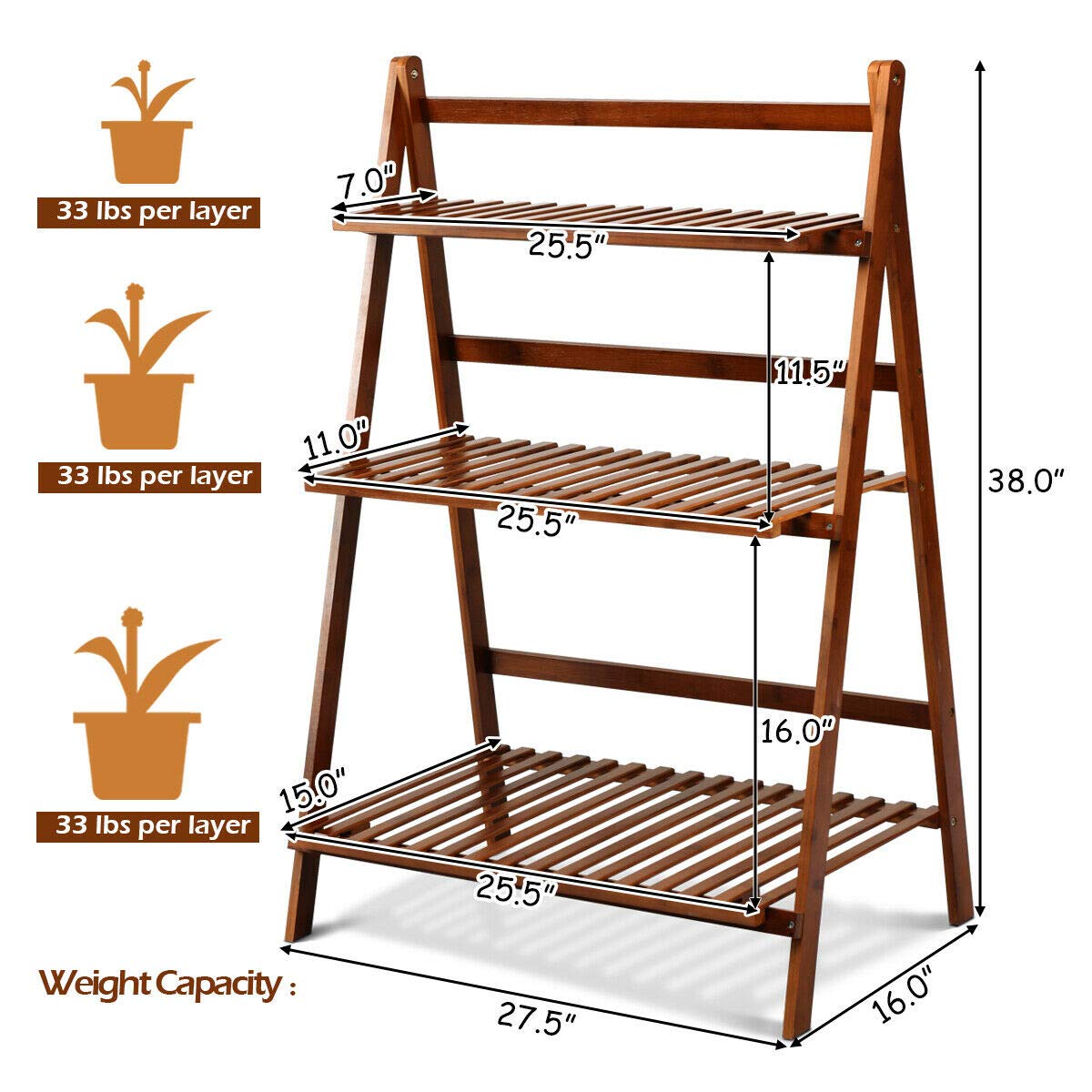 Lucktree 3 Tier Folding Storage Shelf, Bamboo Ladder Plant Stand