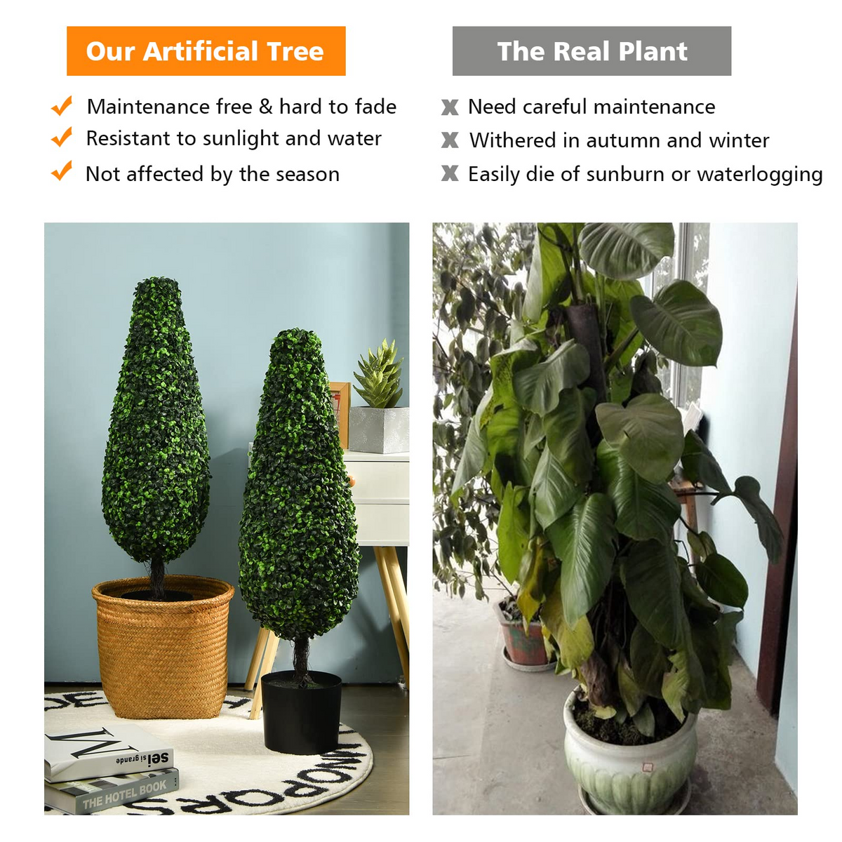 Lucktree 3ft Artificial Boxwood Tower Topiary Trees, 2 Pack Faux Decorative Plants in Cement-Filled Plastic Pot - LucktreeUS