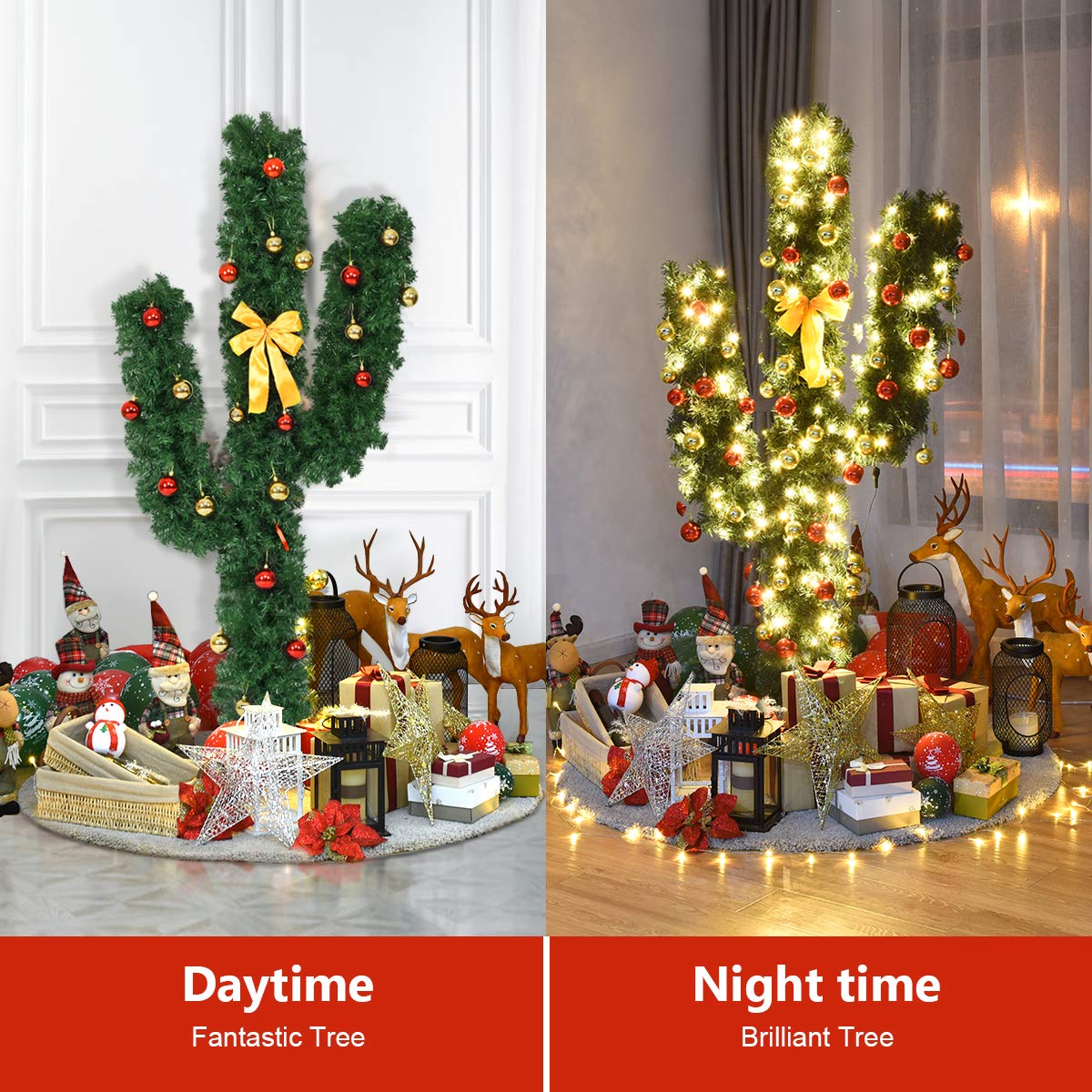 6ft Pre-Lit Artificial Cactus Christmas Tree with Sturdy Metal Stand, Artificial Xmas Tree with 90 LED Lights and Bowknot, Perfect for Home, Office, Shops and Hotels