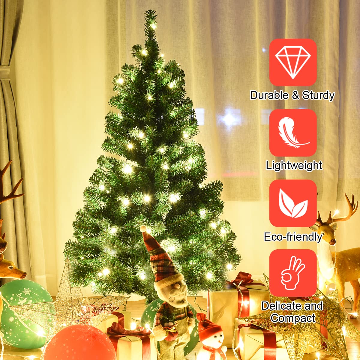 4ft Pre-Lit Christmas Tree, Artificial PVC Xmas Tree with 100 Warm White LED Lights and Stable Triangular Stand - LucktreeUS