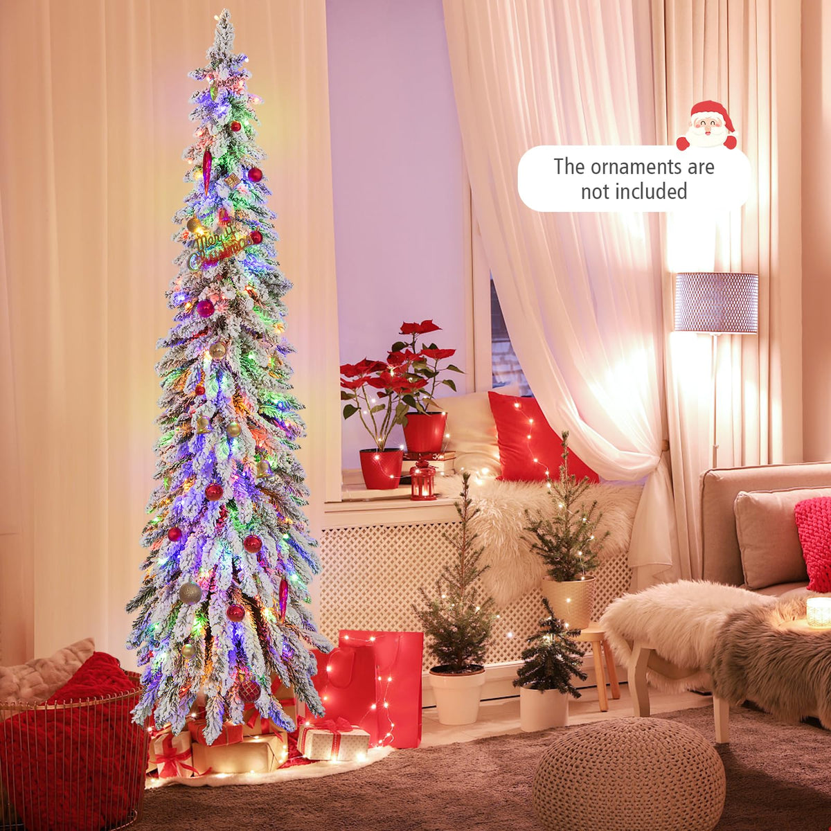 Lucktree 6ft Pre-Lit Flocked Christmas Tree, Artificial Slim Pencil Xmas Tree with 250 LED Lights
