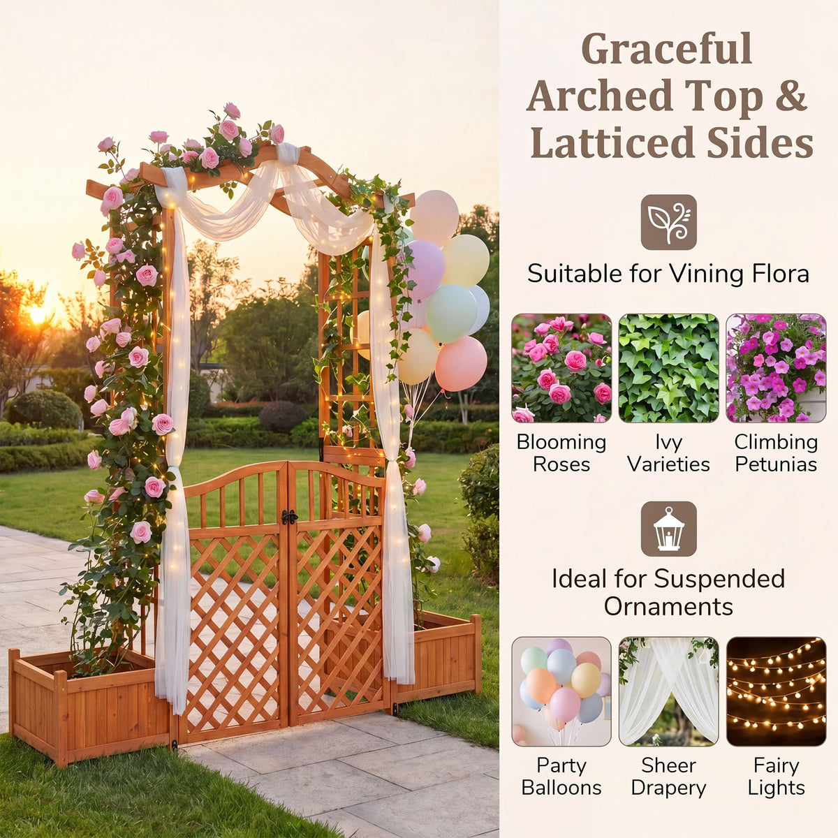 Lucktree 83" Wooden Garden Arbor with Gate and 2 Planter Boxes