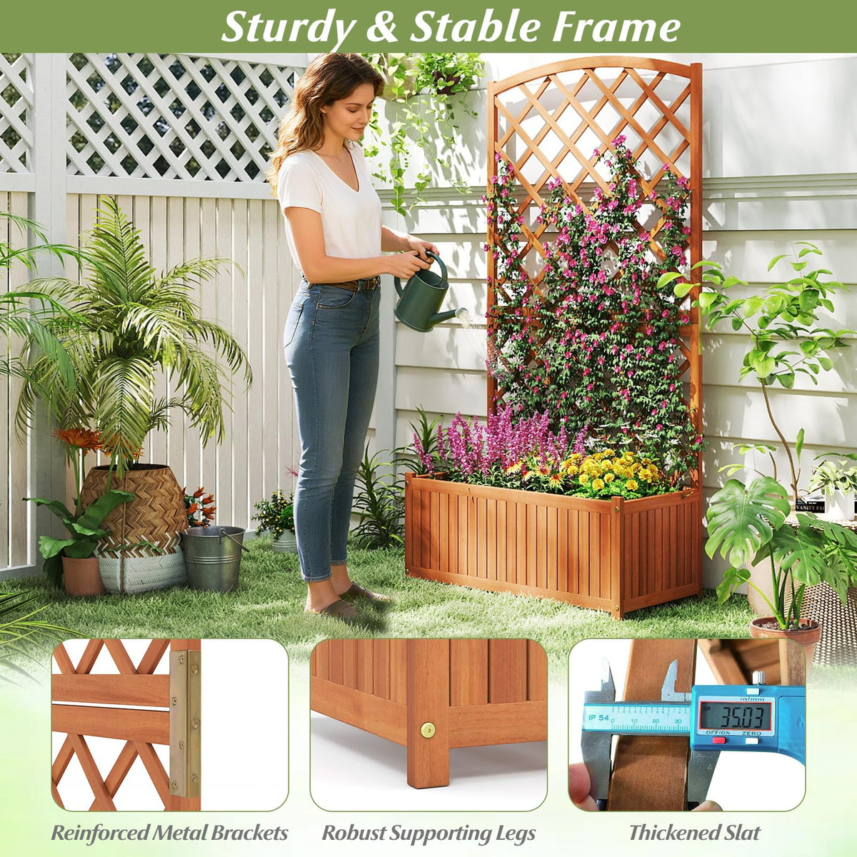 Lucktree Solid Acacia Wood Planter Box with Trellis 63" Raised Garden Bed with Trellis