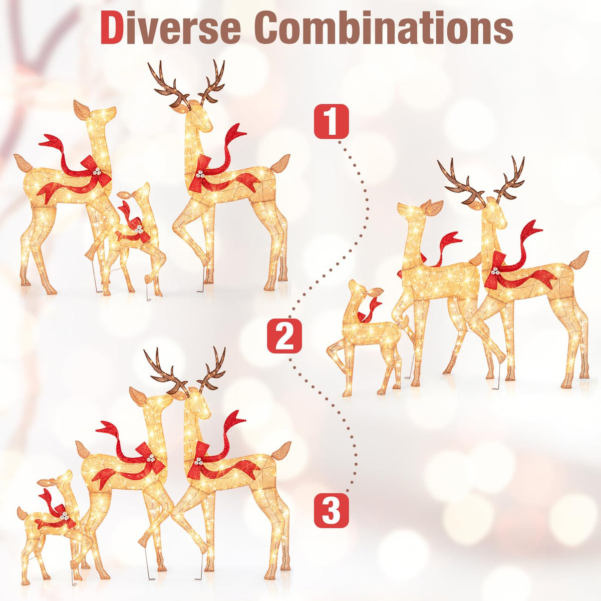 Lucktree 3-Piece Large Lighted Christmas Reindeer Family, Light up Xmas Decorations w/440 LED Lights