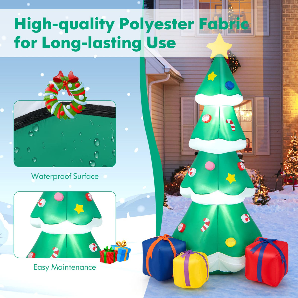 Lucktree 6 FT Inflatable Christmas Tree, Blow up Christmas Tree with 3 Gift Boxes, Self Inflating X-mas Tree with LED Lights