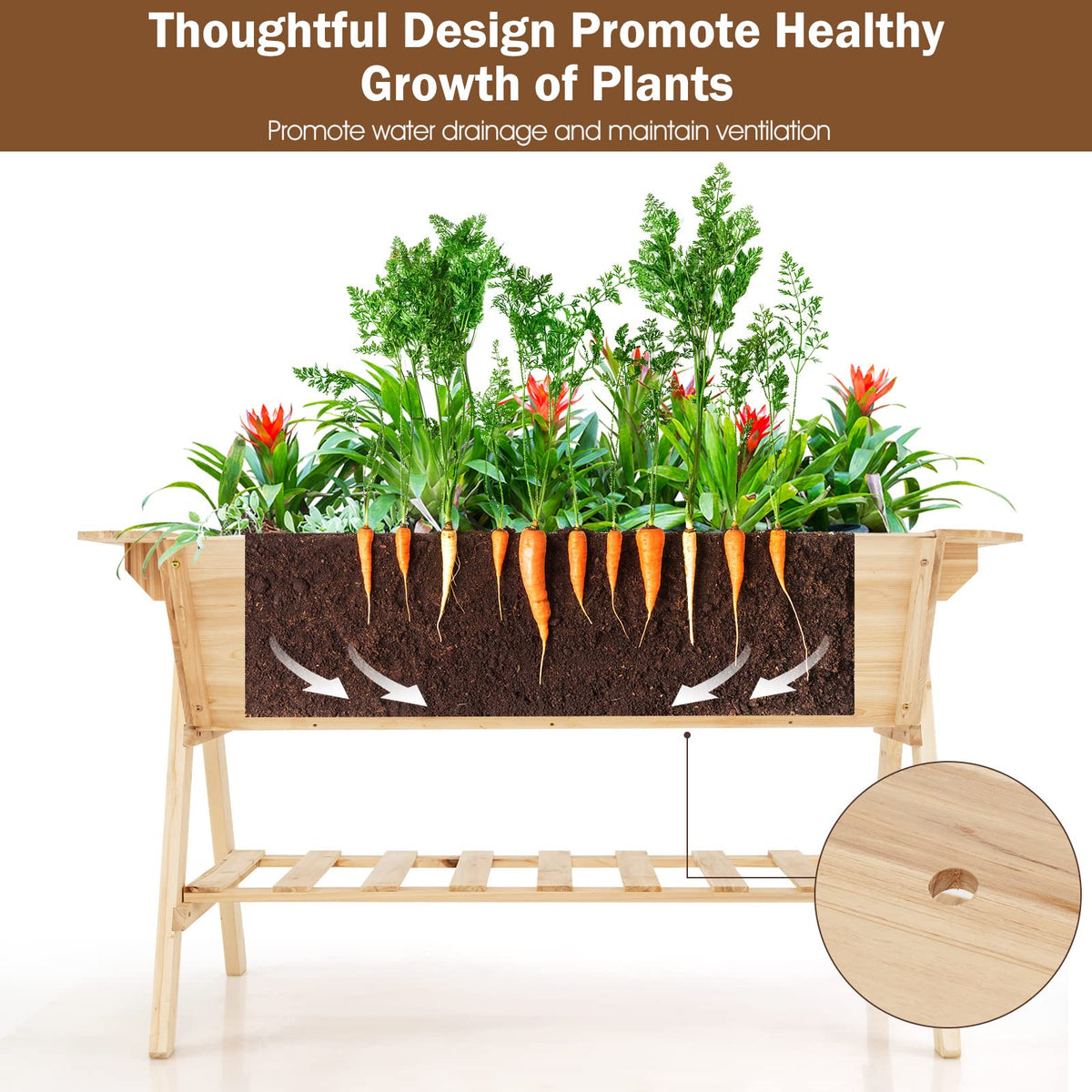 Lucktree Plant Raised Bed 2 Tiers Garden Bed, Outdoor Fir Wood Plant Container with Storage Shelf
